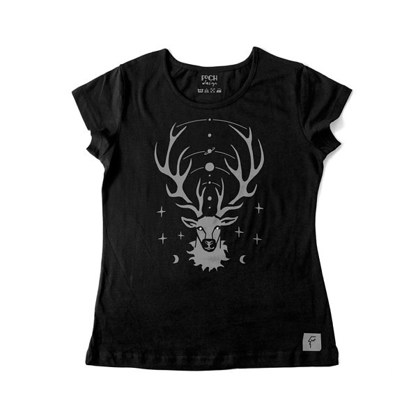 Czarna damska koszulka z jeleniem, idealna na święta. Szary jeleń z planetami w porożu. Świecące oczy