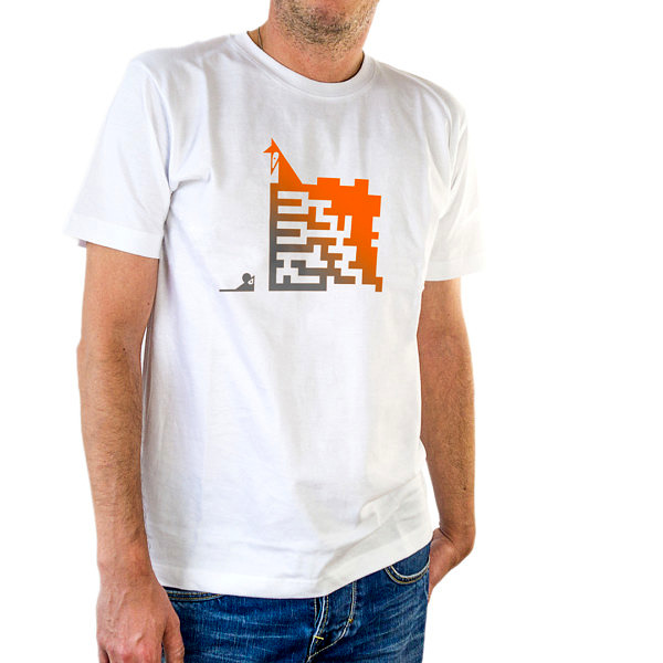 Zdjęcie męskiej koszulki dla spryciarza. Nadruk z lisem i labiryntem w jednym. Pomarańczowo-szary.