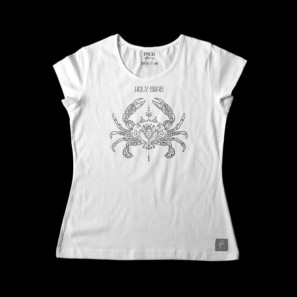 Biała damska koszulka do jogi ale nie tylko. Wzór z szarym krabem. Charakterystyczny styl mandali i napis: holy crab.