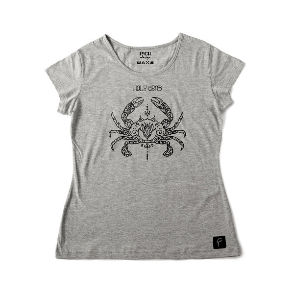 Koszulka w damskim kroju, wcięta w talii, prosta grafika kraba i napis: holy crab