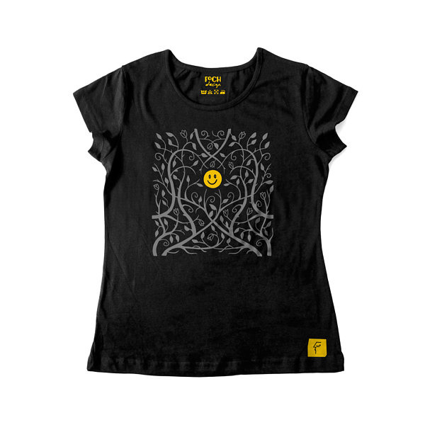 T-shirt, zarośla, koszulka damska, czarna, jednokolorowa, motyw roślinny, dla introwertyka, żółty smiley ikona pośrodku